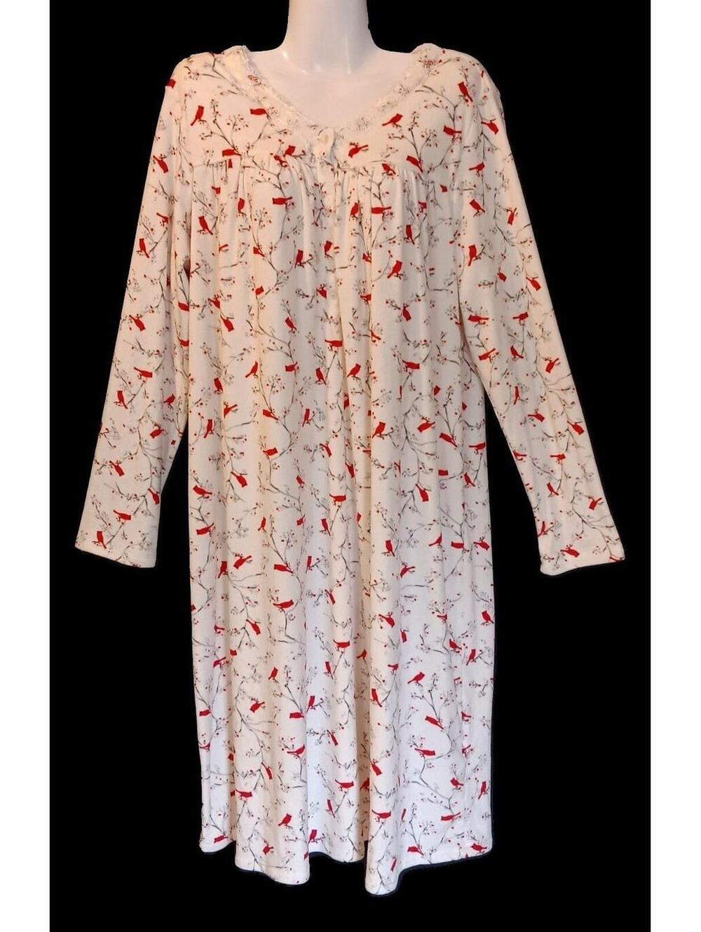 Aria Women's White/Red Cardinal Lace Trim Soft Velour Cozy Nightgown, XL